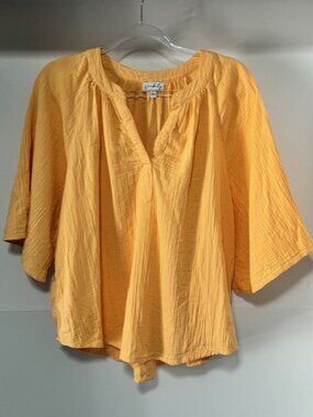 Wonderly Golden Yellow 3/4 Sleeve V Neck Blouse L Cotton Boho Casual Everyday